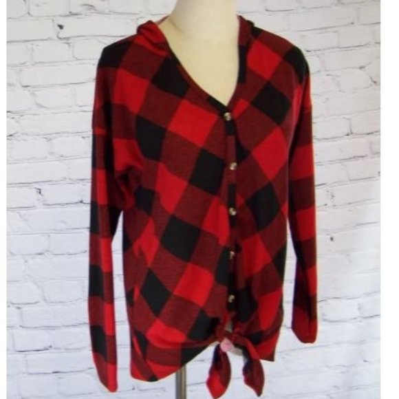Red & Black Checkered Hooded Tie Top - Small, Medium, Large - Picture 2 of 3